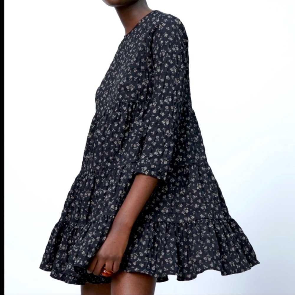 Zara floral print mini dress black tan babydoll dress medium